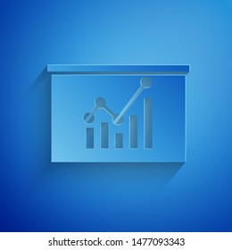 Paper cut Board with graph chart icon isolated on blue background. Report text file icon. Accounting sign. Audit, analysis, planning. Paper art style. Vector Illustration Paper cut Board with graph chart icon isolated on blue background. Report text file icon. Accounting sign. Audit, analysis, planning. Paper art style. Vector Illustration