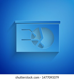 Paper cut Board with graph chart icon isolated on blue background. Report text file icon. Accounting sign. Audit, analysis, planning. Paper art style. Vector Illustration