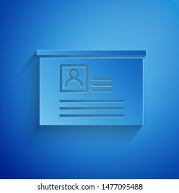 Paper cut Board with resume icon isolated on blue background. CV application. Searching professional staff. Analyzing personnel resume.  Paper art style. Vector Illustration