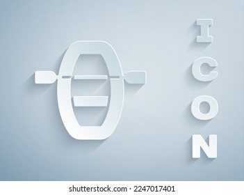 Paper cut Boat with oars icon isolated on grey background. Water sports, extreme sports, holiday, vacation, team building. Paper art style. Vector