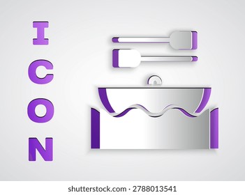 Paper cut Boat with oars icon isolated on grey background. Water sports, extreme sports, holiday, vacation, team building. Paper art style. Vector