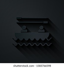 Paper cut Boat with oars and people icon isolated on black background. Water sports, extreme sports, holiday, vacation, team building. Paper art style. Vector Illustration