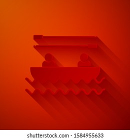 Paper cut Boat with oars and people icon isolated on red background. Water sports, extreme sports, holiday, vacation, team building. Paper art style. Vector Illustration