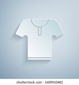 Paper cut Body armor icon isolated on grey background. Paper art style. Vector Illustration