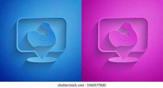 Paper cut Bodybuilder showing his muscles icon isolated on blue and purple background. Fit fitness strength health hobby concept. Paper art style. Vector