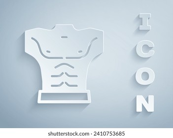 Paper cut Bodybuilder showing his muscles icon isolated on grey background. Fit fitness strength health hobby concept. Paper art style. Vector