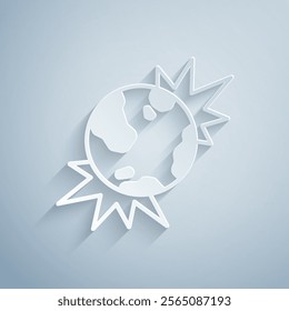 Paper cut Bomb explosive planet earth war danger icon isolated on grey background. Paper art style. Vector