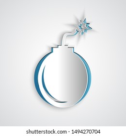 Paper cut Bomb ready to explode icon isolated on grey background. Paper art style. Vector Illustration