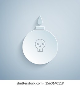 Paper cut Bomb ready to explode icon isolated on grey background. Paper art style. Vector Illustration