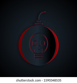Paper cut Bomb ready to explode icon isolated on black background. Happy Halloween party. Paper art style. Vector Illustration