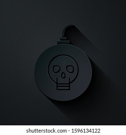 Paper cut Bomb ready to explode icon isolated on black background. Happy Halloween party. Paper art style. Vector Illustration