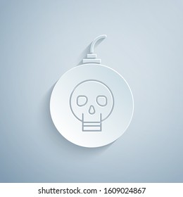 Paper cut Bomb ready to explode icon isolated on grey background. Happy Halloween party. Paper art style. Vector Illustration
