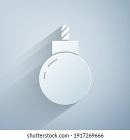 Paper cut Bomb ready to explode icon isolated on grey background. Paper art style. Vector