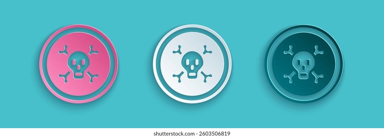 Paper cut Bones and skull as a sign of toxicity warning icon isolated on blue background. Paper art style. Vector