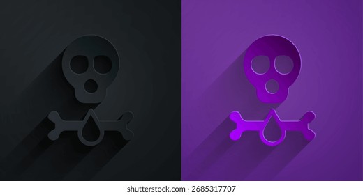 Corte de papel Ossos e crânio como um sinal de ícone de aviso de toxicidade isolado em preto sobre fundo roxo. Estilo da arte do papel. Vetor