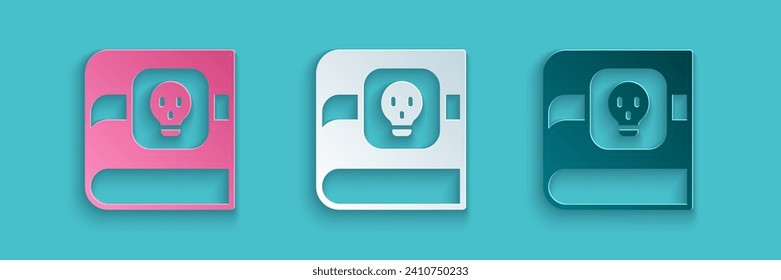 Paper cut Book about poisons with skull icon isolated on blue background. Danger sign, symbol of death. Paper art style. Vector