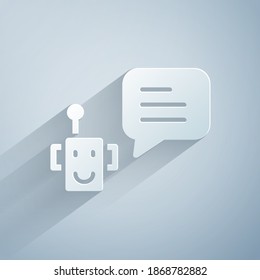 Paper cut Bot icon isolated on grey background. Robot icon. Paper art style. Vector
