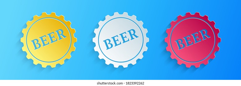 Cortar papel Tapa de botella con el icono de la palabra cerveza aislado en fondo azul. Estilo de arte de papel. Vector.