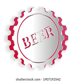 Paper cut Bottle cap with beer word icon isolated on white background. Paper art style. Vector.