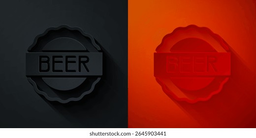 Paper cut Bottle cap with inscription beer icon isolated on black and red background. Paper art style. Vector