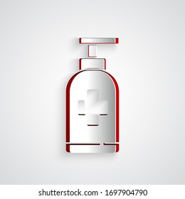 Paper cut Bottle of liquid antibacterial soap with dispenser icon isolated on grey background. Antiseptic. Disinfection, hygiene, skin care. Paper art style. Vector Illustration