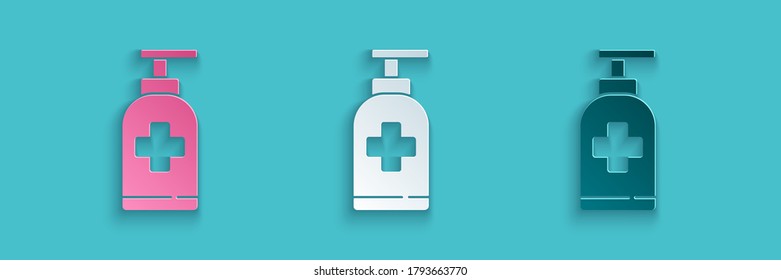 Paper cut Bottle of liquid antibacterial soap with dispenser icon isolated on blue background. Antiseptic. Disinfection, hygiene, skin care. Paper art style. Vector Illustration