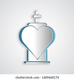 Paper cut Bottle with love potion icon isolated on grey background. Valentines day symbol. Paper art style. Vector Illustration