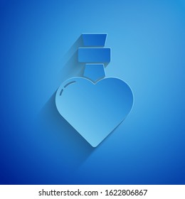 Paper cut Bottle with love potion icon isolated on blue background. Valentines day symbol. Paper art style. Vector Illustration