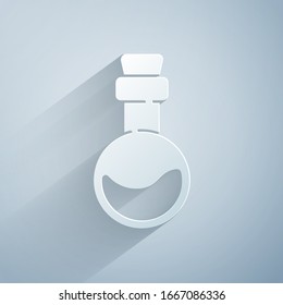 Paper cut Bottle with love potion icon isolated on grey background. Valentines day symbol. Paper art style. Vector Illustration
