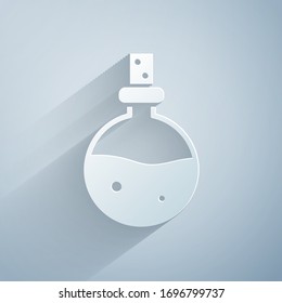 Paper cut Bottle with love potion icon isolated on grey background. Valentines day symbol. Paper art style. Vector Illustration