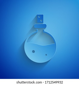 Paper cut Bottle with love potion icon isolated on blue background. Valentines day symbol. Paper art style. Vector Illustration