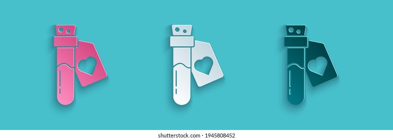 Paper cut Bottle with love potion icon isolated on blue background. Valentines day symbol. Paper art style. Vector