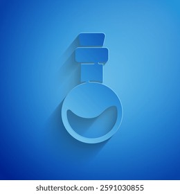Paper cut Bottle with love potion icon isolated on blue background. Valentines day symbol. Paper art style. Vector Illustration