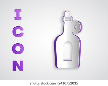 Paper cut Bottle of maple syrup icon isolated on grey background. Paper art style. Vector