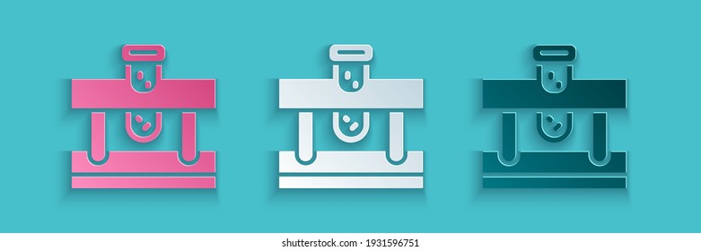 Paper cut Bottle with potion icon isolated on blue background. Flask with magic potion. Paper art style. Vector