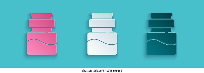 Paper cut Bottle with potion icon isolated on blue background. Flask with magic potion. Happy Halloween party. Paper art style. Vector