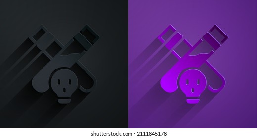 Paper cut Bottle with potion icon isolated on black on purple background. Flask with magic potion. Happy Halloween party. Paper art style. Vector