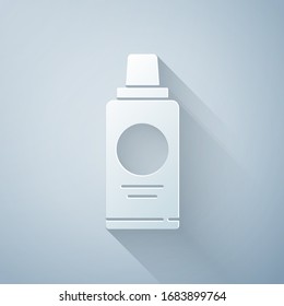 Paper cut Bottle of shampoo icon isolated on grey background. Paper art style. Vector Illustration