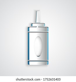 Paper cut Bottle of shampoo icon isolated on grey background. Paper art style. Vector Illustration