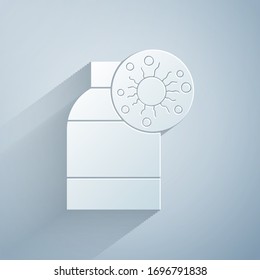 Paper cut Bottle with virus and bacteria icon isolated on grey background. Analysis microorganism, research, diagnosis. Paper art style. Vector Illustration