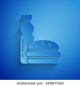 Paper cut Bottle of water and burger icon isolated on blue background. Soda aqua drink sign. Hamburger, cheeseburger sandwich. Fast food menu. Paper art style. Vector Illustration