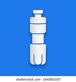 Paper cut Bottle of water icon isolated on blue background. Soda aqua drink sign. Paper art style. Vector Illustration