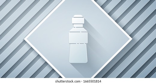 Paper cut Bottle of water icon isolated on grey background. Soda aqua drink sign. Paper art style. Vector Illustration