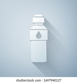 Paper cut Bottle of water icon isolated on grey background. Soda aqua drink sign. Paper art style. Vector Illustration
