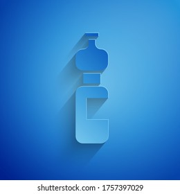 Paper cut Bottle of water icon isolated on blue background. Soda aqua drink sign. Paper art style. Vector Illustration
