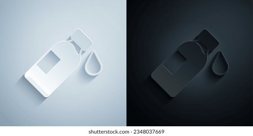 Paper cut Bottle of water icon isolated on grey and black background. Soda aqua drink sign. Paper art style. Vector
