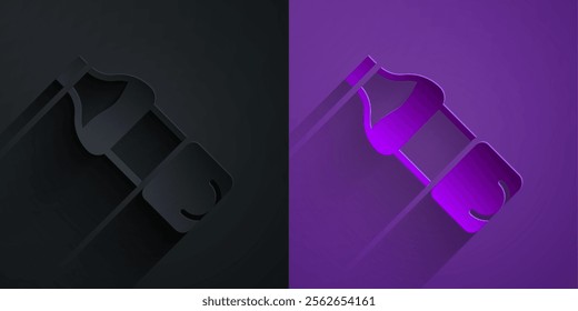 Paper cut Bottle of water icon isolated on black on purple background. Soda aqua drink sign. Paper art style. Vector