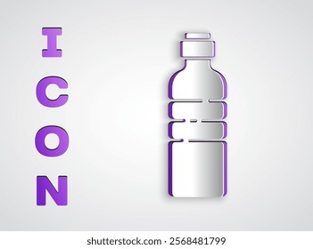 Paper cut Bottle of water icon isolated on grey background. Soda aqua drink sign. Paper art style. Vector Illustration