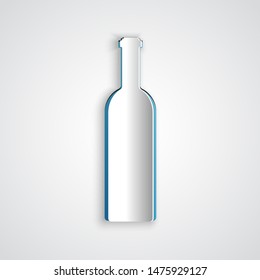 Paper cut Bottle of wine icon isolated on grey background. Paper art style. Vector Illustration