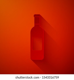 Paper cut Bottle of wine icon isolated on red background. Paper art style. Vector Illustration